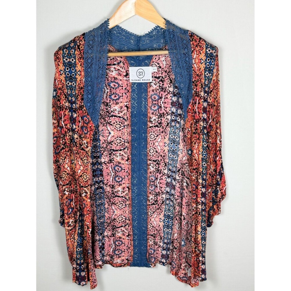 Sloane Rouge Boho Kimono Crochet Lace Mixed Print Dolman Festival Cardigan XS S